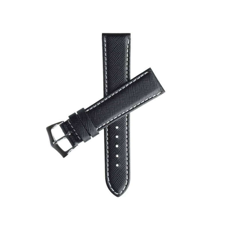 Black Saffiano Folded Edge White Stitches Watch Strap - Leather strap- Milano Straps