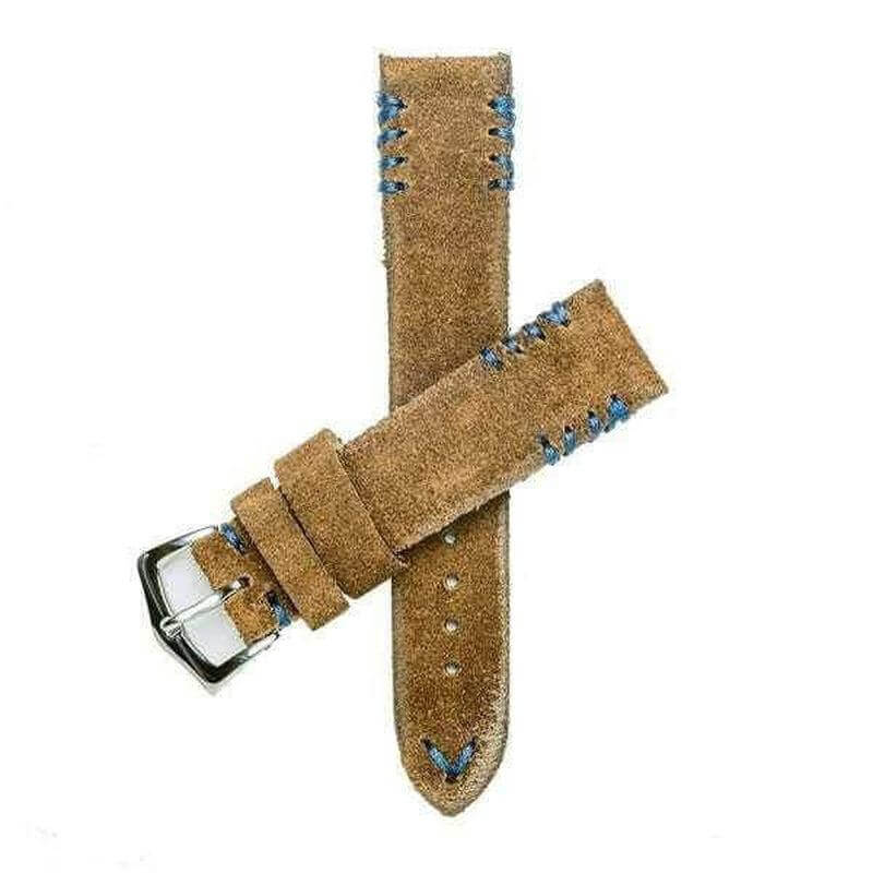 Brown Suede Vintage Watch Strap Blue Tribal Stitches - Suede strap- Milano Straps