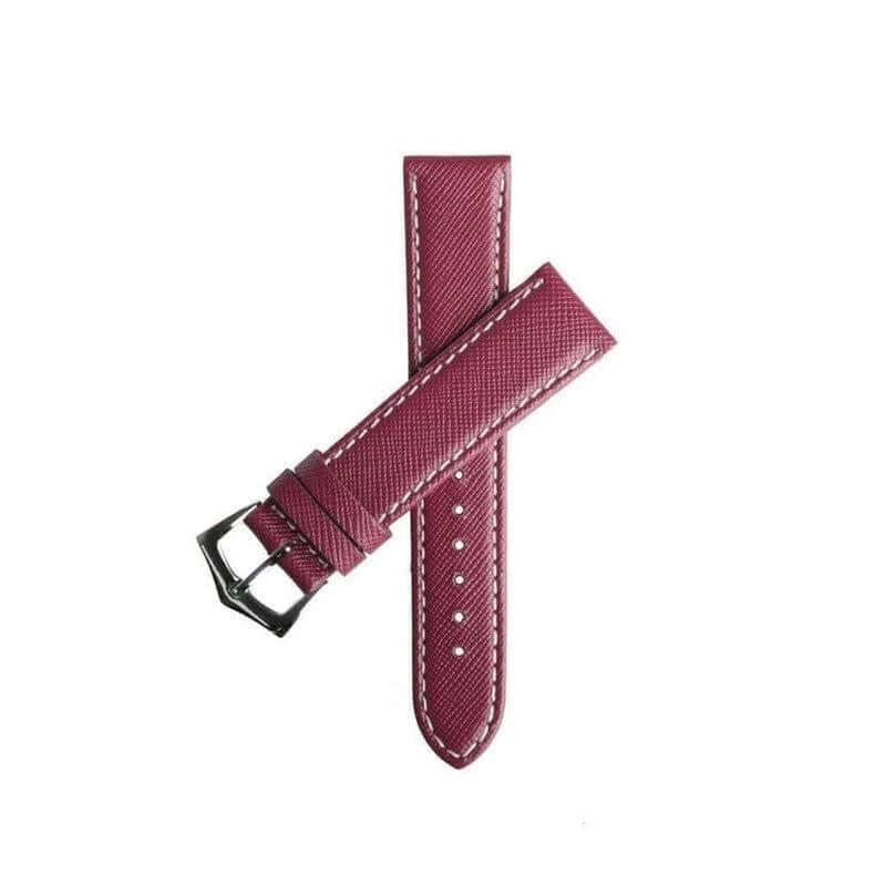 Burgundy Saffiano Folded Edge White Stitches Watch Strap - Leather strap- Milano Straps