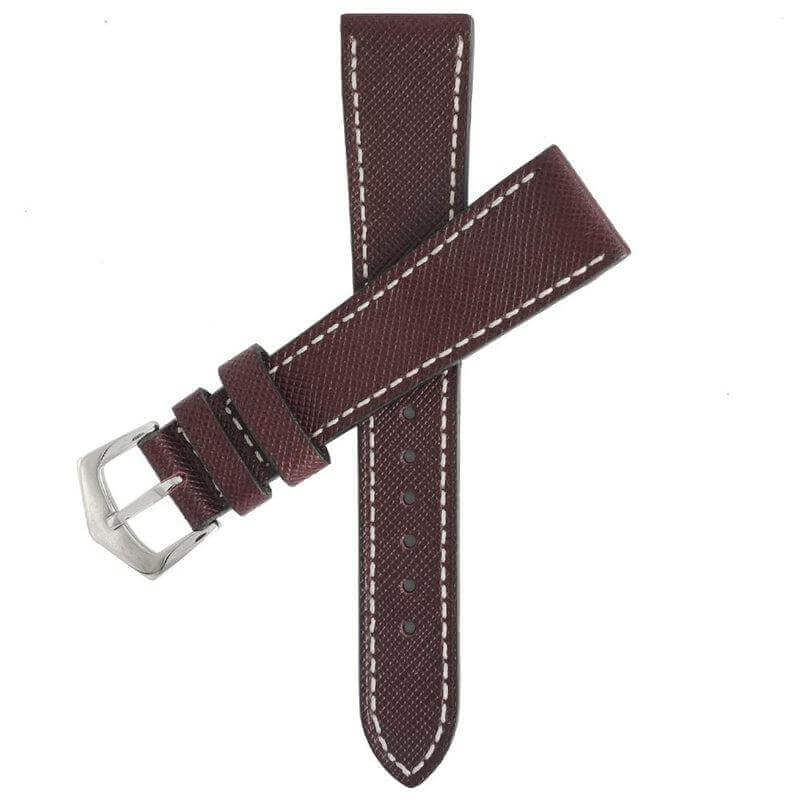 Burgundy Saffiano Leather White Stitches Watch Strap - Leather strap- Milano Straps