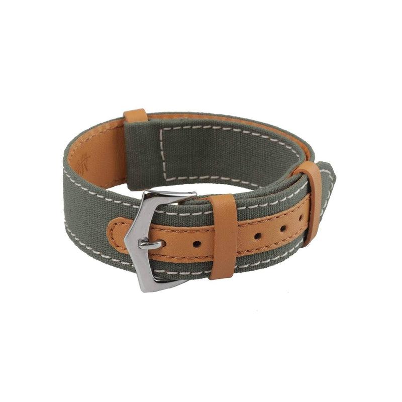 Green Canvas & Brown Leather Military Watch Strap - Military Watch Strap- Milano Straps