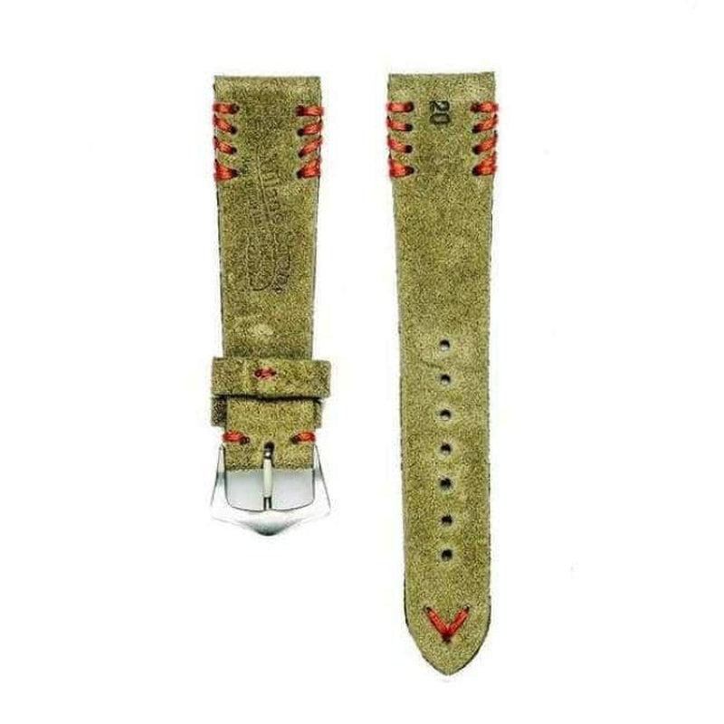 Military Green Suede Vintage Watch Strap Tribal Red Stitches - Milano Straps