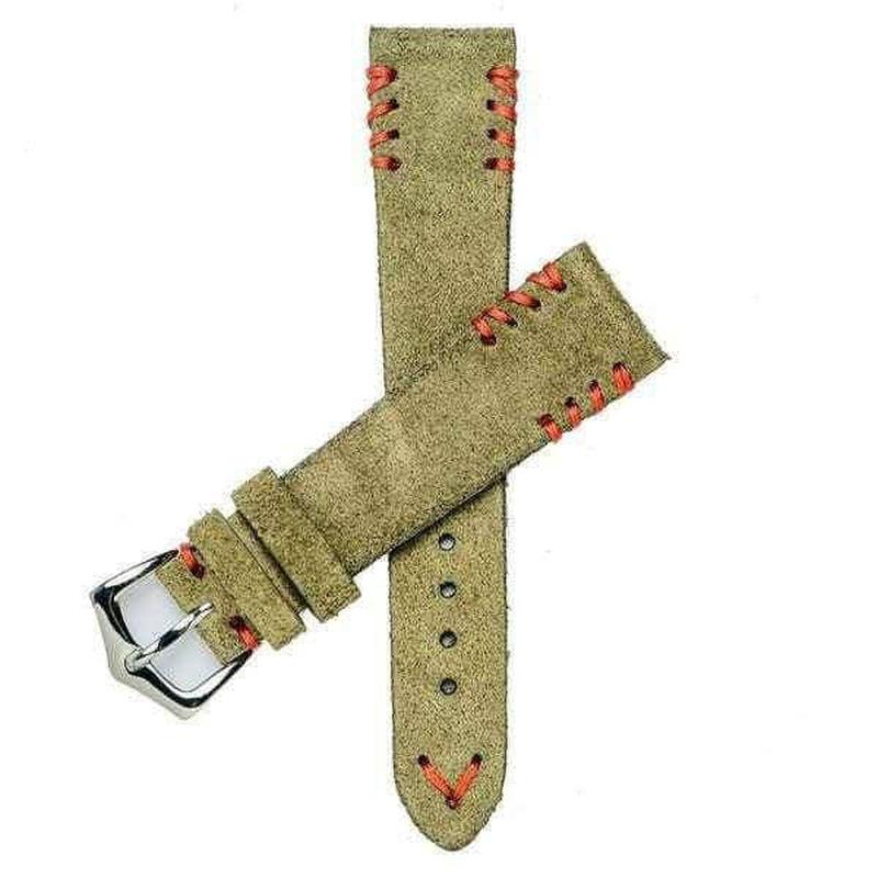 Military Green Suede Vintage Watch Strap Tribal Red Stitches - Milano Straps