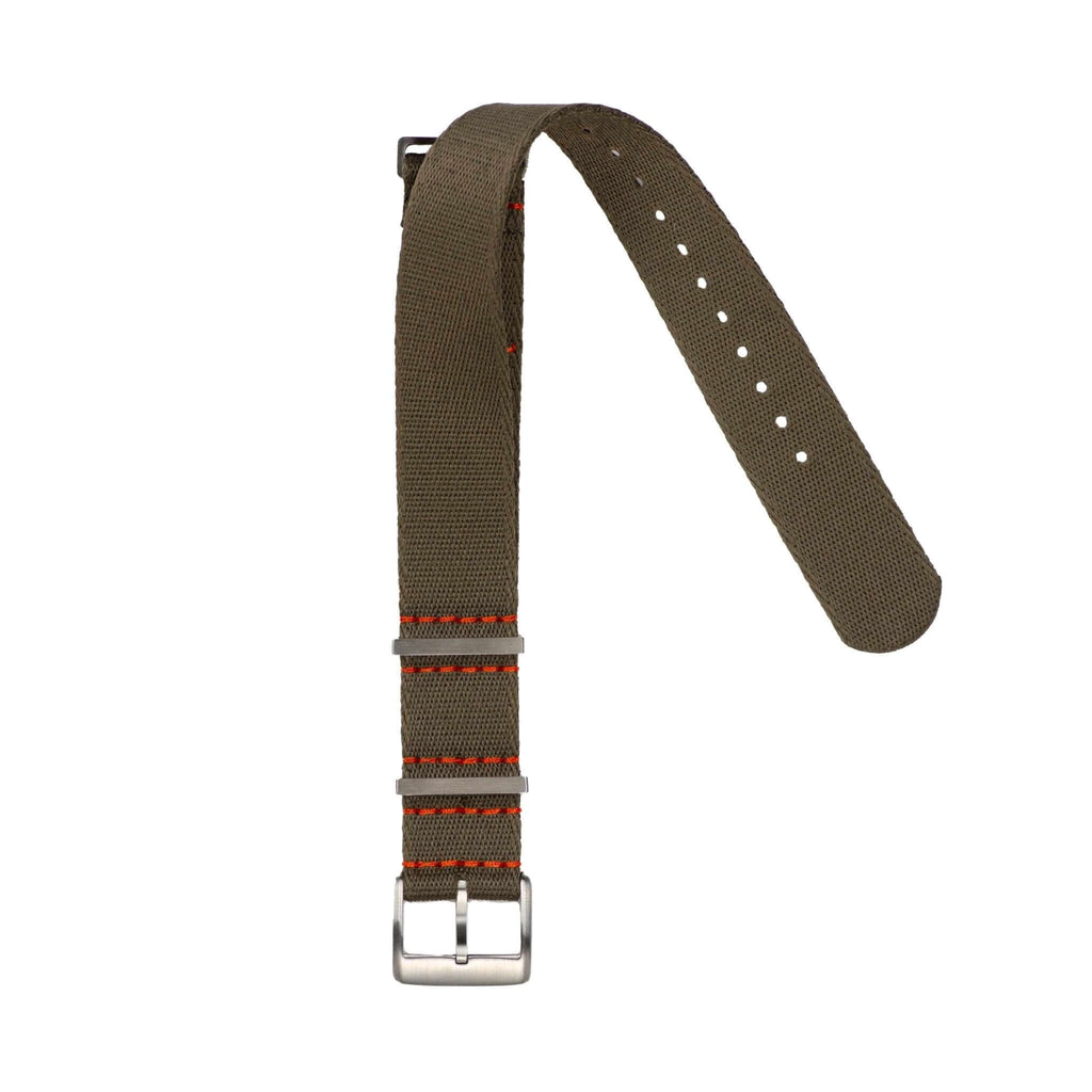 Eco-Friendly  Nylon Military  Watch Strap -  Dark Green  Orange Stitches - Recycled Military Watch Straps- Milano Straps